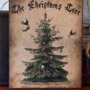 Christmas Tree with Birds and Ornaments Rustic Primitive Handmade Print on Canvas Panel 8x10&quot;