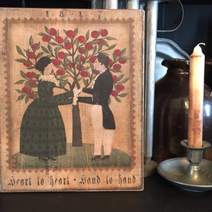 Handmade Primitive Colonial Folk Art Valentines Day Man and Woman Heart to Heart, Hand to Hand Print on Canvas Board 8x10 image 2