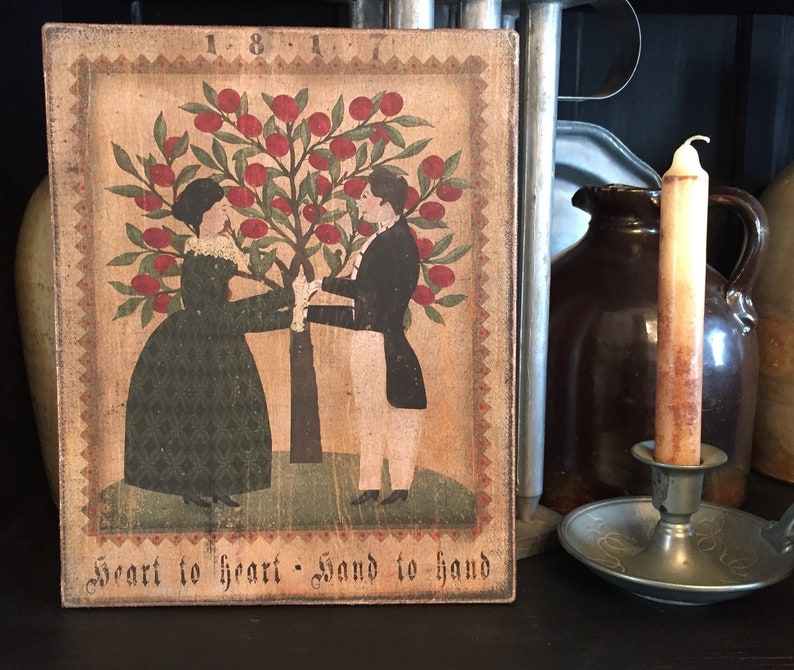 Handmade Primitive Colonial Folk Art Valentines Day Man and Woman Heart to Heart, Hand to Hand Print on Canvas Board 8x10 image 2