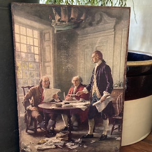 Handmade Writing the Declaration of Independence Antique Reproduction Colonial Primitive Patriotic  4 of July Print on Canvas  Board 5x7&quot;