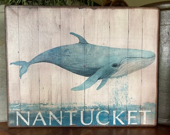 Handmade Primitive Folk Art Nantucket Whale Nautical Summer Farmhouse Print on Canvas Board 5x7” or  8x10"