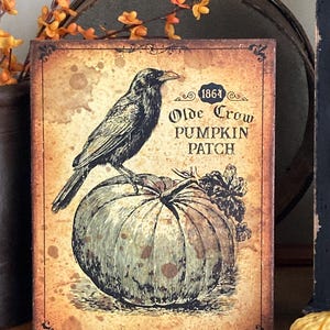 Handmade Primitive Crow on Pumpkin Fall Harvest Autumn Halloween Print on Canvas Board 5x7" or 8x10"