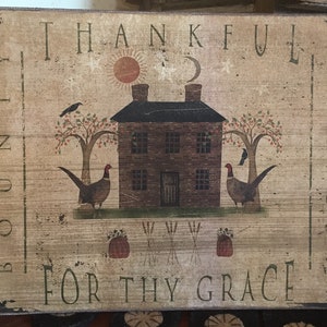 Handmade Primitive Folk Art Thanksgiving Thankful for Thy Grace, Harvest, Bounty, Pumpkins, & House Autumn Print on Canvas Board 8x10"