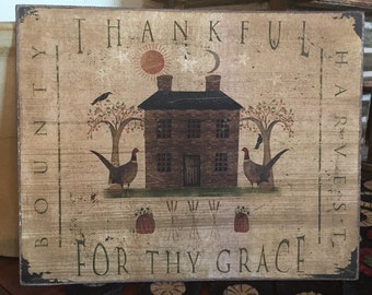 Handmade Primitive Folk Art Thanksgiving Thankful for Thy Grace, Harvest, Bounty, Pumpkins, & House Autumn Print on Canvas Board 8x10"