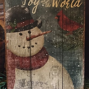 Christmas Winter Snowman with Cardinal Bird Joy to the World  Handmade Folk Art Primitive Farmhouse Print on Canvas Panel 5x7" or 8x10"