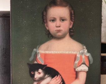 Handmade Antique Reproduction Primitive Folk Art Girl in Orange Dress Holding Cat Print on Canvas Board 5x7" or 8x10"