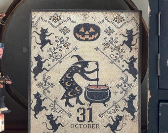 Primitive 31 October Halloween Witch Black Cat Pumpkin Folkart Faux Cross Stitch Handmade Fall Vintage Print on Canvas Panel 5x7” or 8x10”