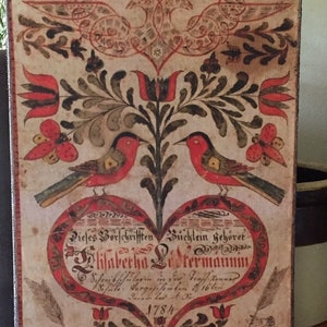 Handmade Primitive Folk Art Antique Reproduction Fraktur with Heart, Flowers, and Birds  Print on Canvas Board 8x10"