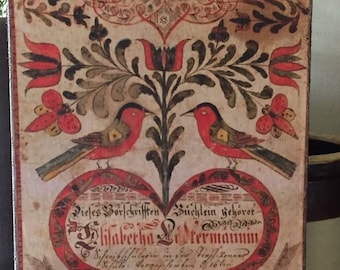 Handmade Primitive Folk Art Antique Reproduction Fraktur with Heart, Flowers, and Birds  Print on Canvas Board 8x10"
