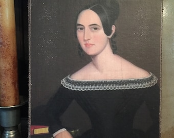 Handmade Woman in Black Dress with Books Antique Reproduction Primitive Folk Art Colonial Print on Canvas Board 5x7" or 8x10"