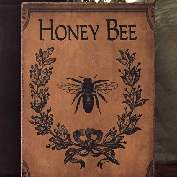 Handmade Primitive Vintage  Honey Bee Summer Print on Canvas Board 5x7" or 8x10"