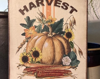 Handmade Primitive Harvest Blessings Pumpkin Thanksgiving Fall Farmhouse Vintage Style Print on Canvas Board 5x7" or 8x10"