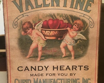 Handmade Antique Vintage Style Valentines Day Candy Hearts Label/ Sign Cupid Print on Canvas 5x7" or 8x10"