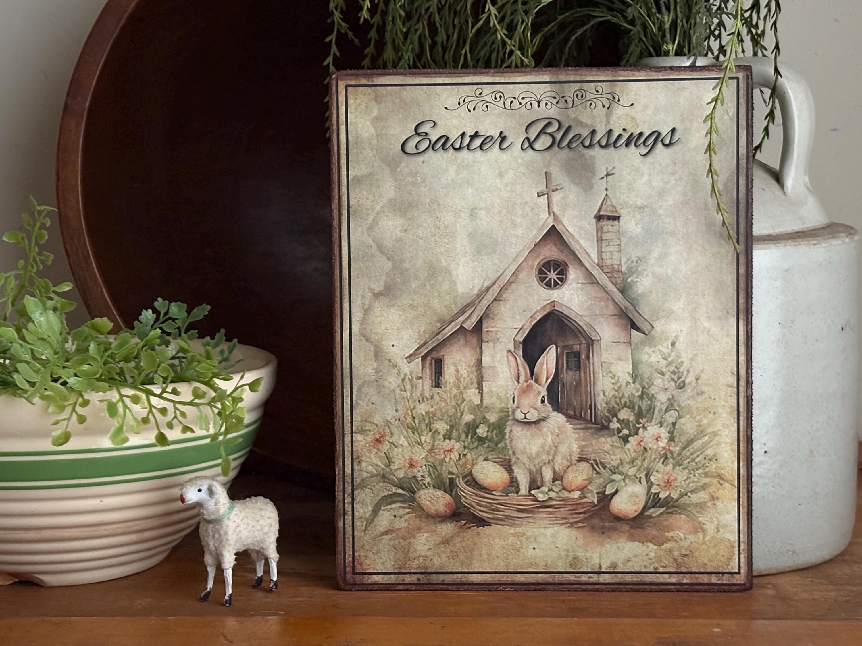 Handmade Primitive Easter Bunny Rabbit Church Eggs Spring Cross ...