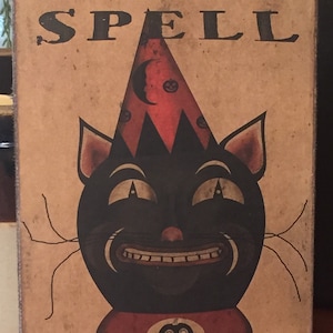 Handmade Primitive Folk Art Vintage Halloween Fall Black Cat Spell Print on Canvas Board 5x7&quot; or 8x10&quot;