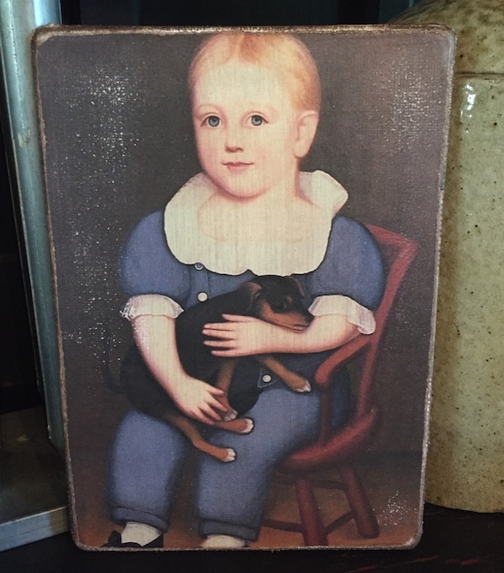 Handmade Boy with Dog Antique Reproduction Primitive Folk Art Colonial Print on Canvas Board 5x7" or 8x10"