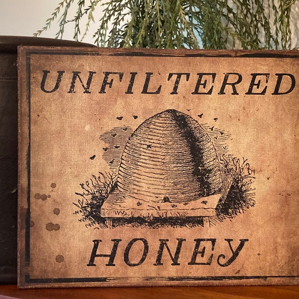 Handmade Unfiltered Honey Bee Skep Primitive Farmhouse Print on Canvas Board 5x7" or 8x10"