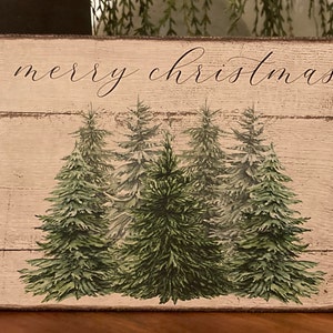 Primitive Merry Christmas Tree Snow Handmade Farmhouse Print on Art Canvas Panel 5x7&quot; or 8x10&quot;