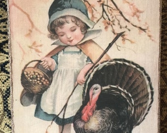 Handmade Antique Reproduction Thanksgiving Little Girl with Turkey Ellen Clapsaddle Print on Canvas 5x7"