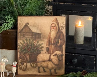 Handmade Primitive Santa & Sheep Christmas  Cart Log Cabin Folk Colonial Art Print on Canvas Panel 5x7" or 8x10”