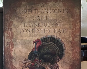 Handmade Primitive Turkey Thanksgiving Fall Blessed Print on Canvas Board 5x7" or 8x10"