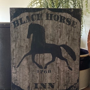 Handmade Primitive Black Horse Inn Sign Folk Art Print on Canvas Board 8x10"