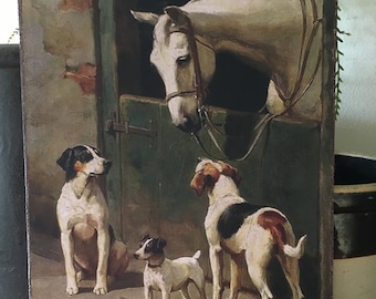 Handmade Primitive Dogs with Horse is Stable Stall Farm Country Folk Art  Print on Canvas Board 5x7"