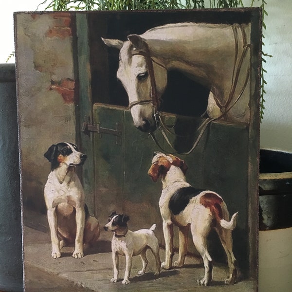 Handmade Primitive Dogs with Horse is Stable Stall Farm Country Folk Art  Print on Canvas Board 5x7"