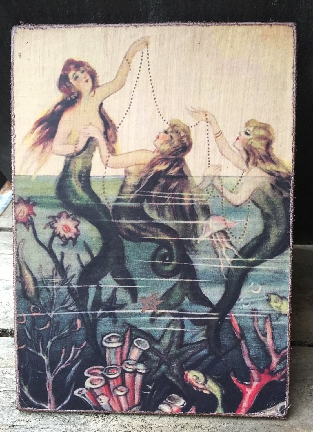 Handmade Antique Reproduction Three Mermaids in the Sea on Canvas Board ...