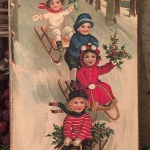 Handmade Antique Reproduction Christmas Victorian Children Sledding on Snow Winter Vintage Print on Canvas 5x7&quot;