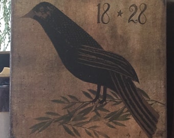 Handmade Primitive Folk Art Fall 1828 Black Crow Autumn Halloween Print on Canvas Board 5x7" or 8x10"
