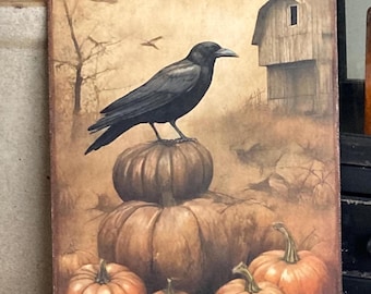 Primitive Crow Pumpkins Barn Halloween Fall Autumn Vintage Handmade Print on Canvas Panel 5x7" or 8x10"