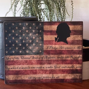 Handmade Pledge of Allegiance George Washington Independence Day Flag Patriotic Primitive 4th of July Print on Canvas Board 8x10&quot;
