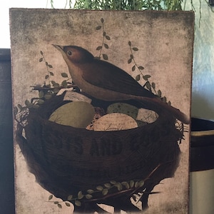 Primitive Folk Art Vintage Bird in Nest with Eggs & Writing Spring Print on Canvas Board 8x10"