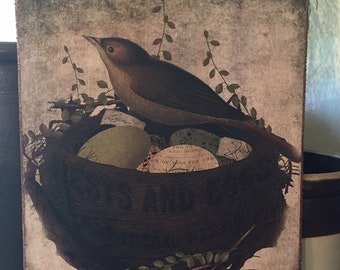 Primitive Folk Art Vintage Bird in Nest with Eggs & Writing Spring Print on Canvas Board 8x10"