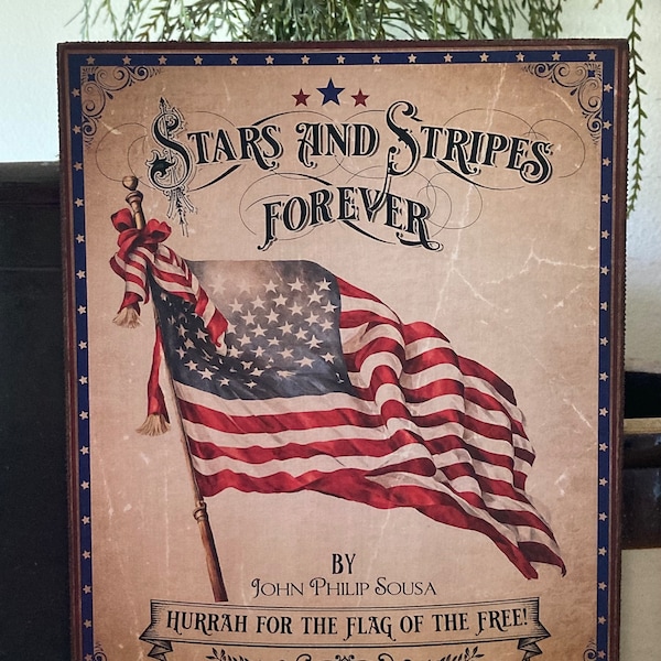 Handmade Stars and Stripes Flag Independence Day Patriotic Primitive Vintage 4th of July Americana Print on Canvas Board 5x7 or 8x10"