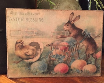 Handmade Primitive Antique Reproduction Easter Bunny  Rabbit with Eggs and Chick Vintage Print on Canvas 5x7"