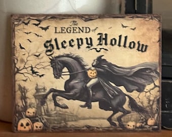 Primitive Legend of Sleepy Hollow Headless Horseman Halloween Jack o Lantern Bats Fall Handmade Print on Canvas Panel 8x10"