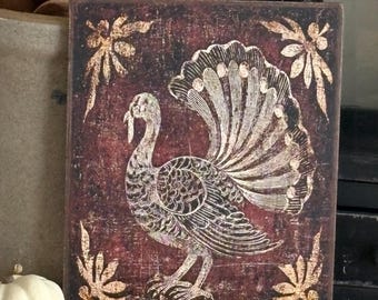 Handmade Primitive Turkey Thanksgiving Fall  Print on Canvas Board 5x7" or 8x10"