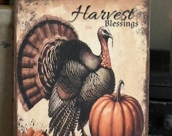 Handmade Primitive Turkey Thanksgiving Harvest Blessings Fall Pumpkin Print on Canvas Board 8x10"