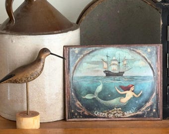 Handmade Ship and Mermaid Queen of the Sea Summer Nautical Vintage Print on Canvas Board 8x10”
