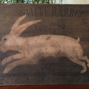 Handmade Primitive Folk Art Easter Spring White Rabbit Inn Bunny Print on Canvas Board 5x7" or 8x10"