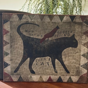 Handmade Primitive Black Cat Red Bird Folk Art Print on Canvas Board 8x10"