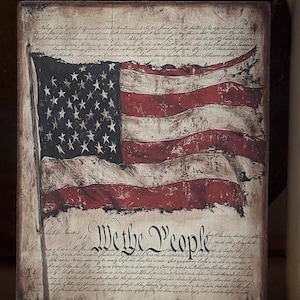 Handmade Primitive American Flag Patriotic Constitution  We the People Independence Day 4th of July Americana Print on Canvas Board 8x10&quot;