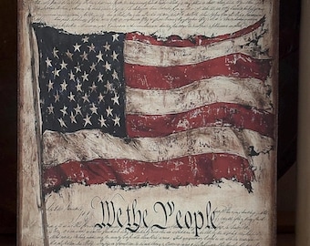 Handmade Primitive American Flag Patriotic Constitution  We the People Independence Day 4th of July Americana Print on Canvas Board 8x10"