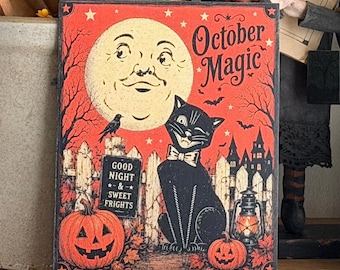 Vintage  Halloween Black Cat October Magic Moon Face Jack O Lantern   Primitive Handmade Fall  Print on Canvas Panel 5x7” or 8x10”