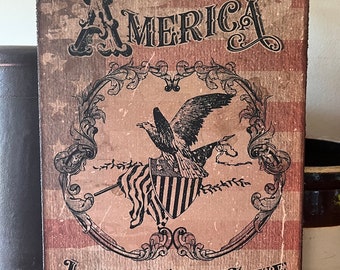 Handmade Independence Day Patriotic Primitive 4th of July America Eagle Flag Sheild Print on Canvas Board 5x7 or 8x10"