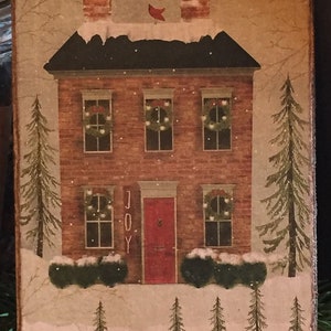 Primitive Christmas House Winter Snow & Wreaths Colonial Handmade Folk Art Farmhouse Print on Canvas Panel 5x7&quot; or 8x10&quot;
