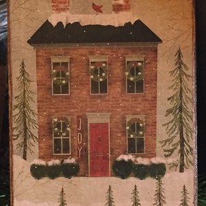 Handmade Folk Art Primitive Christmas Colonial House in Winter with Wreaths Print on Canvas Board 5x7" or 8x10"