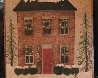 Handmade Folk Art Primitive Christmas Colonial House in Winter with Wreaths Print on Canvas Board 5x7" or 8x10"